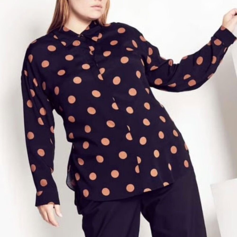 City Chic Fudge Spot Shirt‎ Black Tan Polka Dot Button Down Blouse Size L NEW